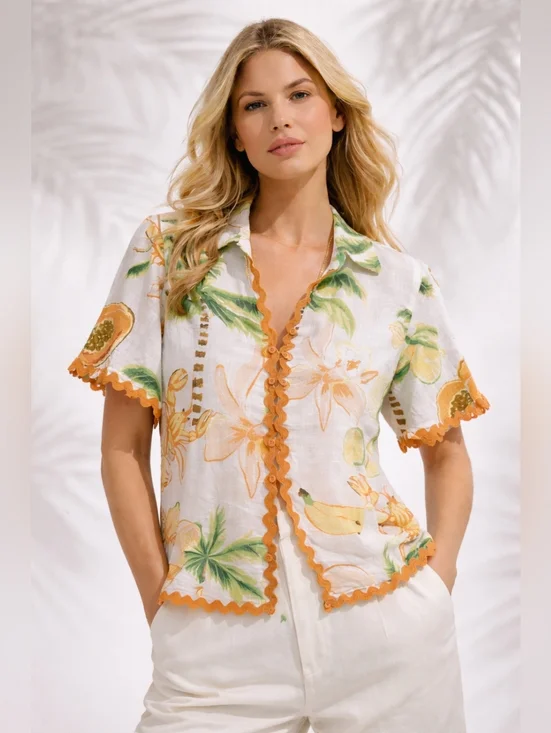 Calypso St Barts Linen Tropical Lobster Papaya Top Small boxy Relaxed - Picture 1 of 10